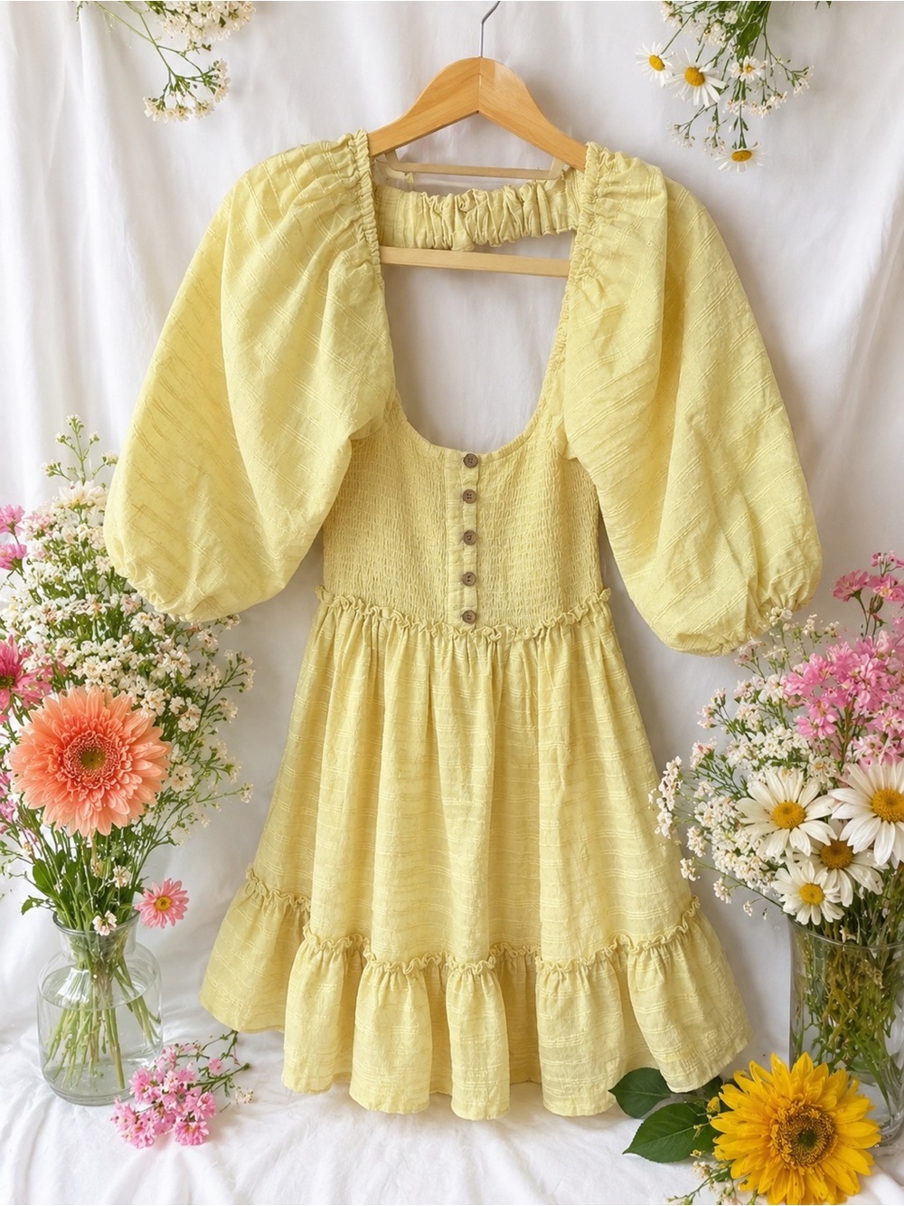 Free People Endless Summer yellow smocked mini dress with puff sleeves. Small